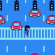 A little guy crosses the street.